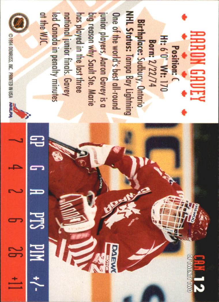 1993-94 Donruss Team Canada #12 Aaron Gavey back image