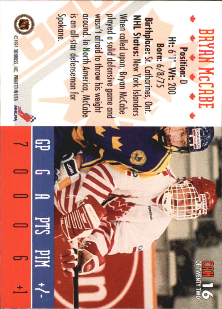 1993-94 Donruss Team Canada #16 Bryan McCabe back image