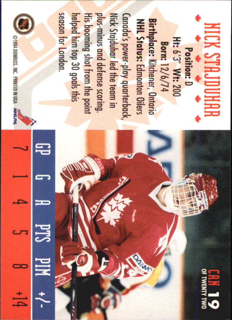 1993-94 Donruss Team Canada #19 Nick Stajduhar back image