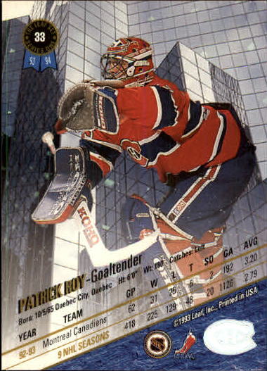 1993-94 Leaf #33 Patrick Roy back image