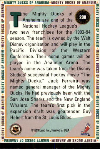 1993-94 Leaf #200 Anaheim Mighty Ducks back image