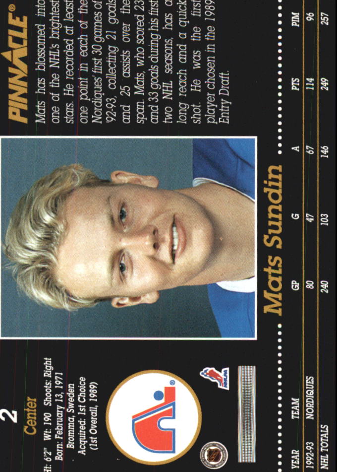 1993-94 Pinnacle #2 Mats Sundin back image