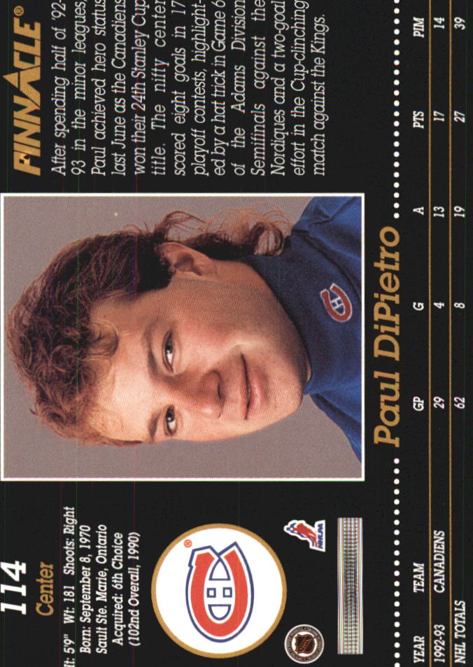 1993-94 Pinnacle #114 Paul DiPietro back image