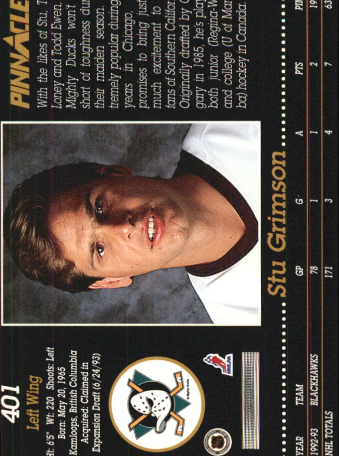 1993-94 Pinnacle #401 Stu Grimson back image