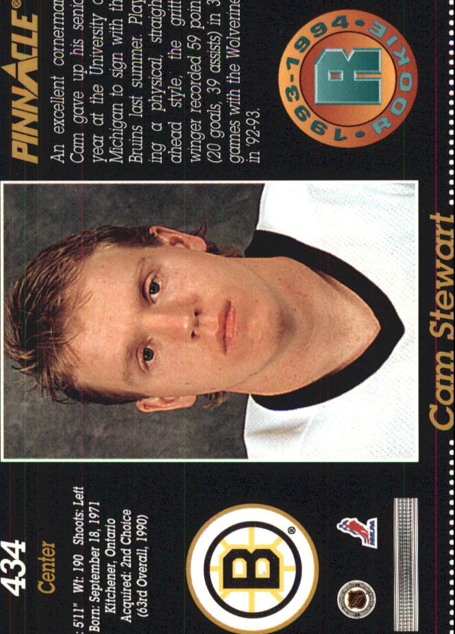 1993-94 Pinnacle #434 Cam Stewart RC back image