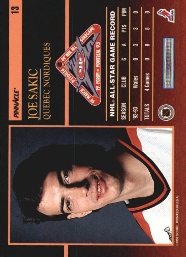 1993-94 Pinnacle All-Stars #13 Joe Sakic back image
