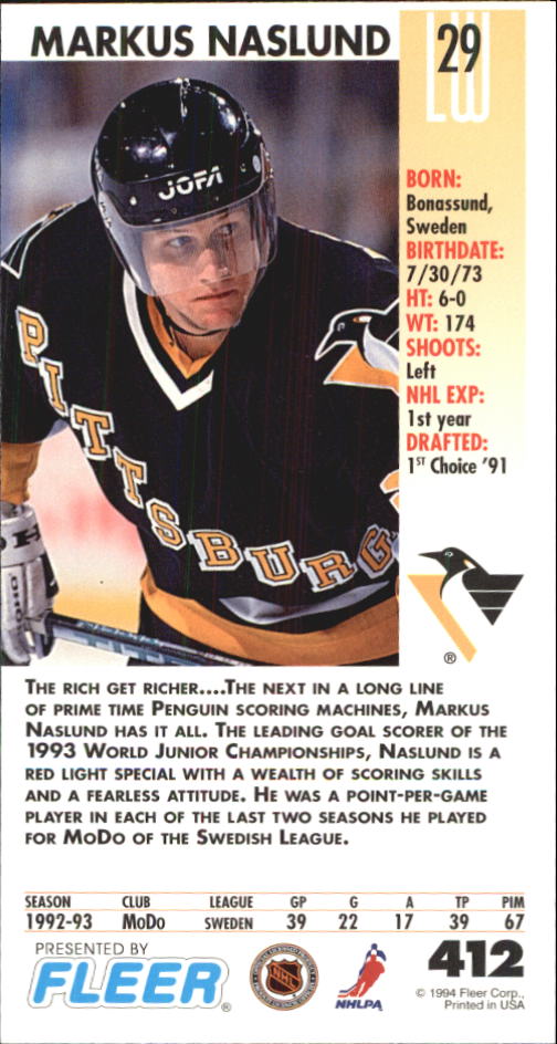 1993-94 PowerPlay #412 Markus Naslund back image