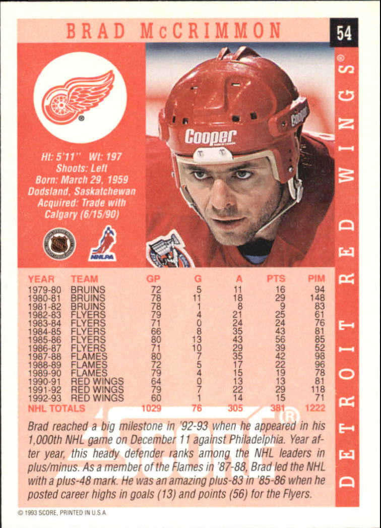 1993-94 Score #54 Brad McCrimmon back image
