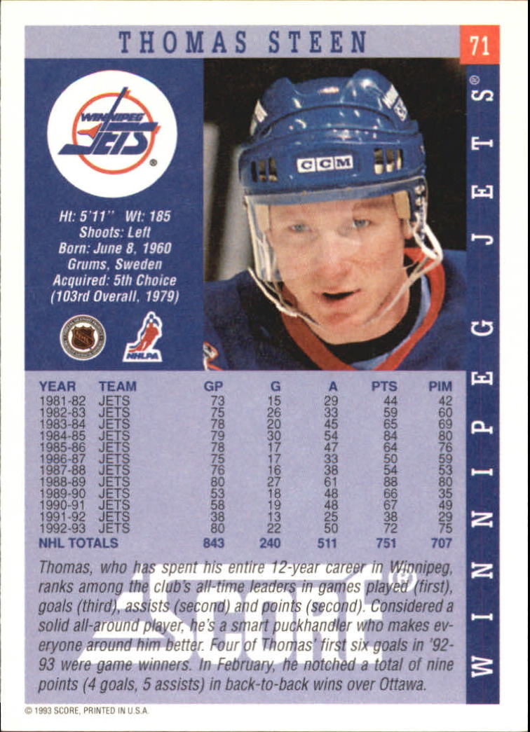 1993-94 Score #71 Thomas Steen back image