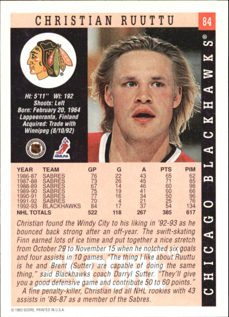 1993-94 Score #84 Christian Ruuttu back image