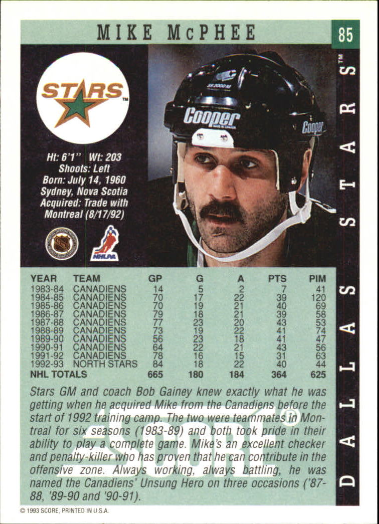 1993-94 Score #85 Mike McPhee back image