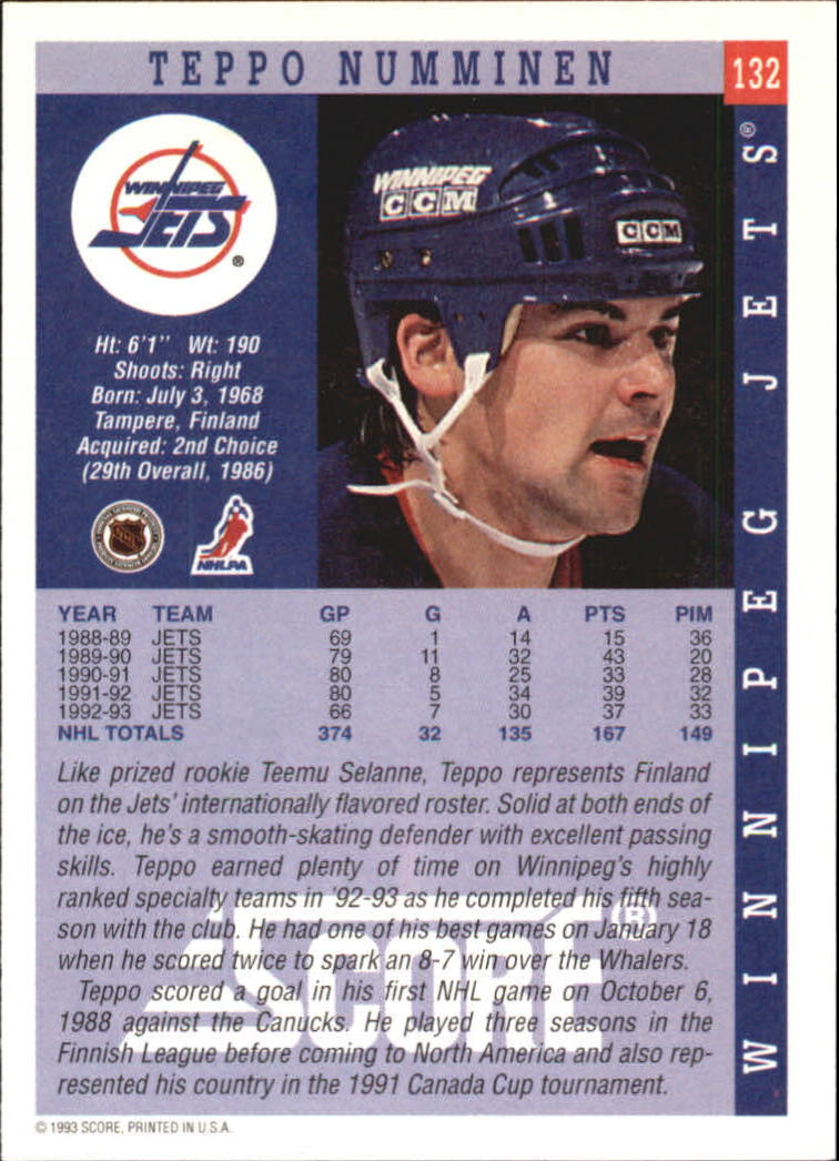 1993-94 Score #132 Teppo Numminen back image