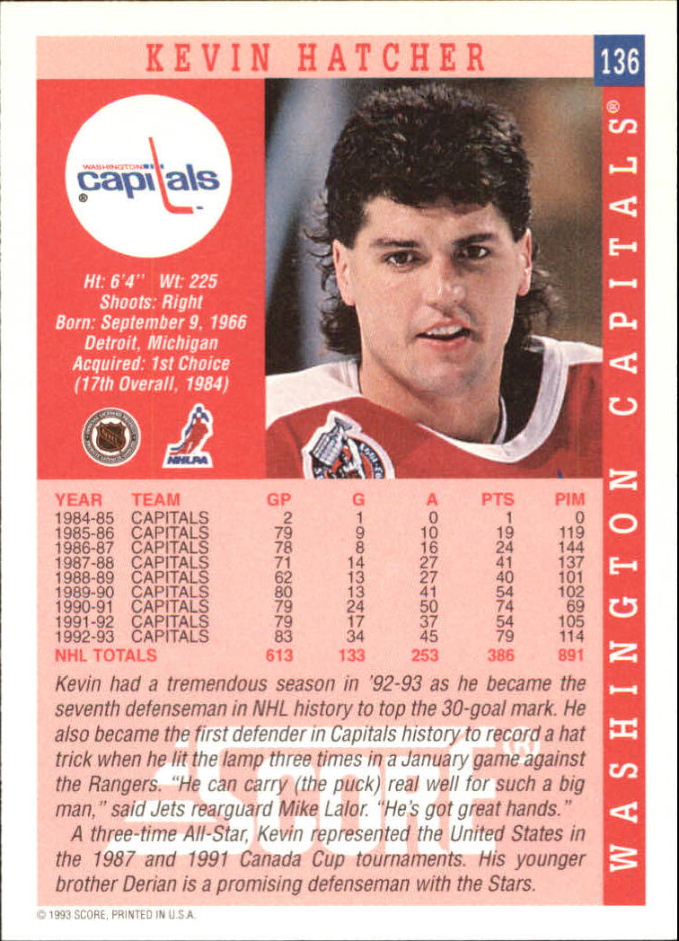 1993-94 Score #136 Kevin Hatcher back image