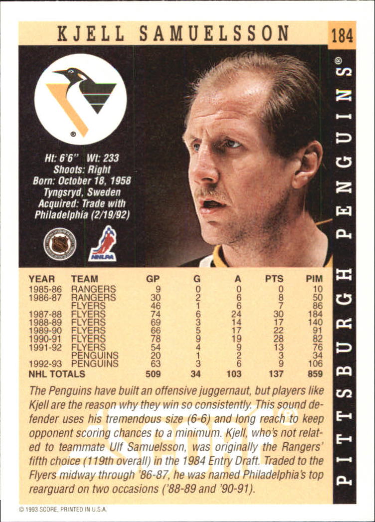 1993-94 Score #184 Kjell Samuelsson back image
