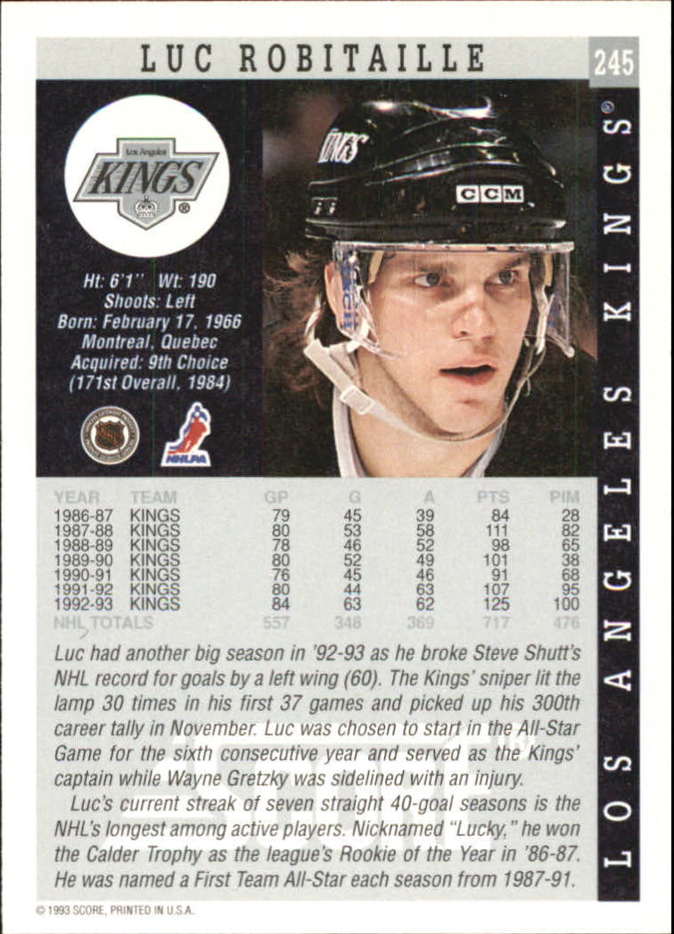 1993-94 Score #245 Luc Robitaille back image