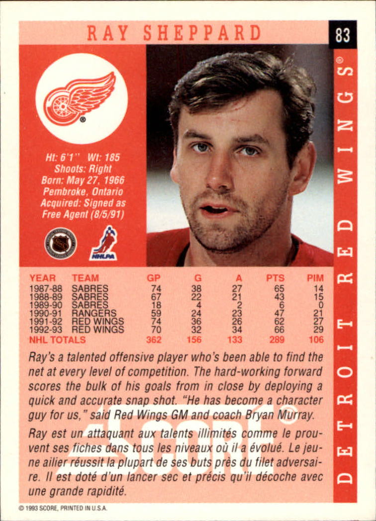 1993-94 Score Canadian #83 Ray Sheppard back image