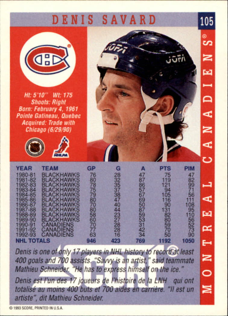 1993-94 Score Canadian #105 Denis Savard back image