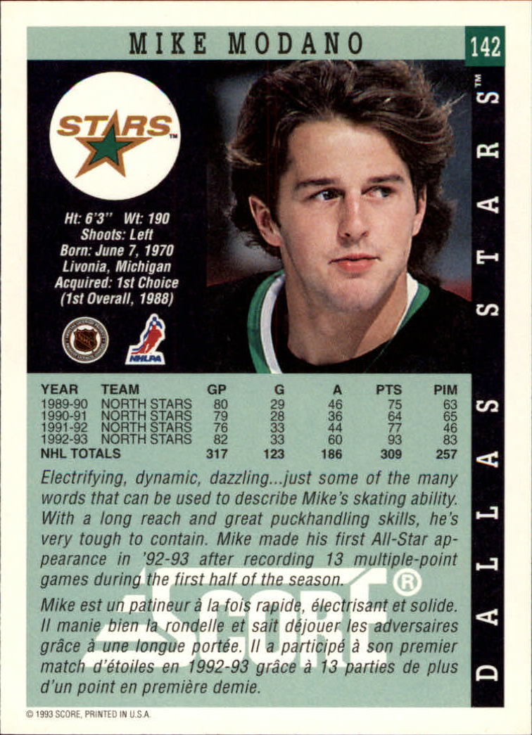 1993-94 Score Canadian #142 Mike Modano back image