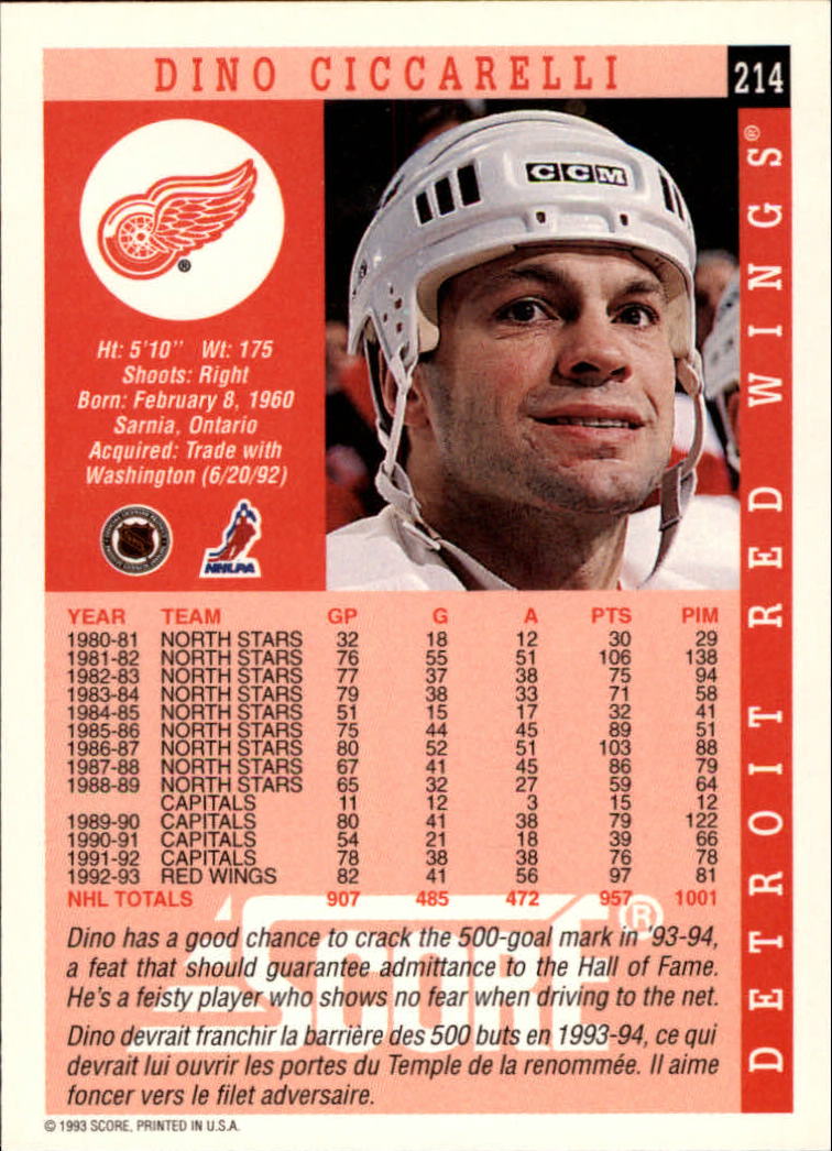 1993-94 Score Canadian #214 Dino Ciccarelli back image