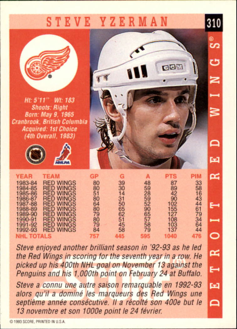 1993-94 Score Canadian #310 Steve Yzerman back image
