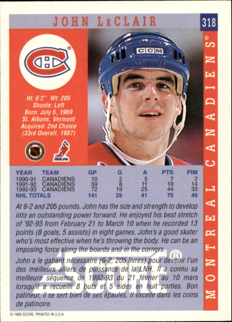 1993-94 Score Canadian #318 John LeClair back image