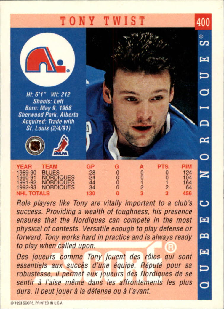 1993-94 Score Canadian #400 Tony Twist back image