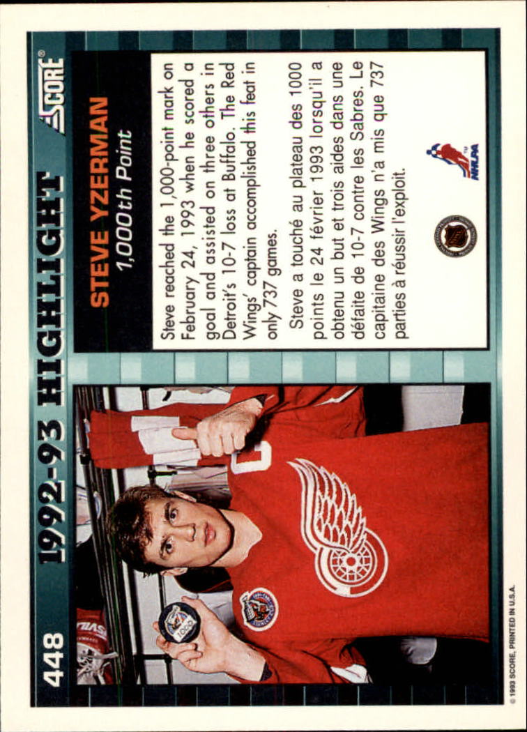 1993-94 Score Canadian #448 Steve Yzerman HL/Detroit Red Wings/1&000th Point back image