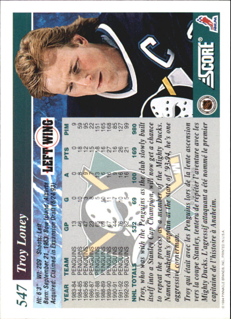 1993-94 Score Canadian #547 Troy Loney back image
