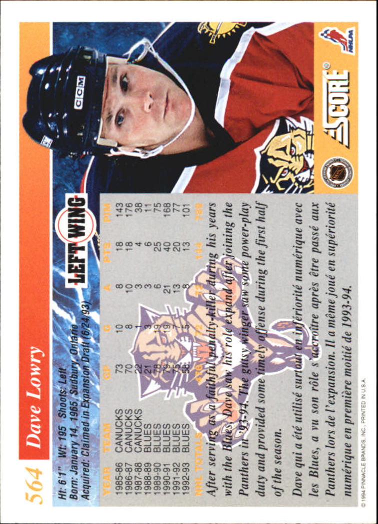 1993-94 Score Canadian #564 Dave Lowry back image