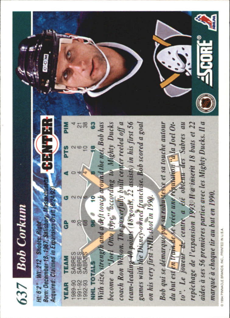 1993-94 Score Canadian #637 Bob Corkum back image