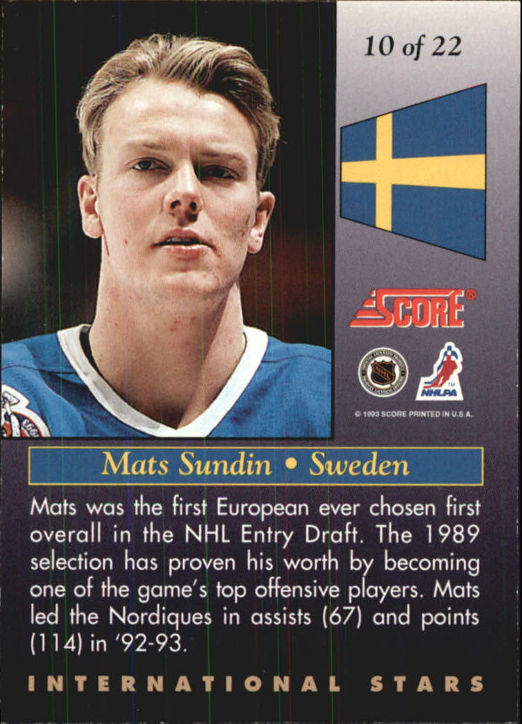 1993-94 Score International Stars #10 Mats Sundin back image
