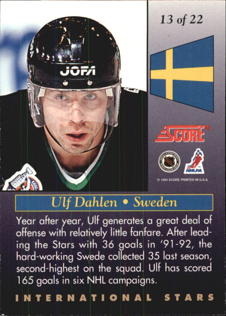 1993-94 Score International Stars #13 Ulf Dahlen back image