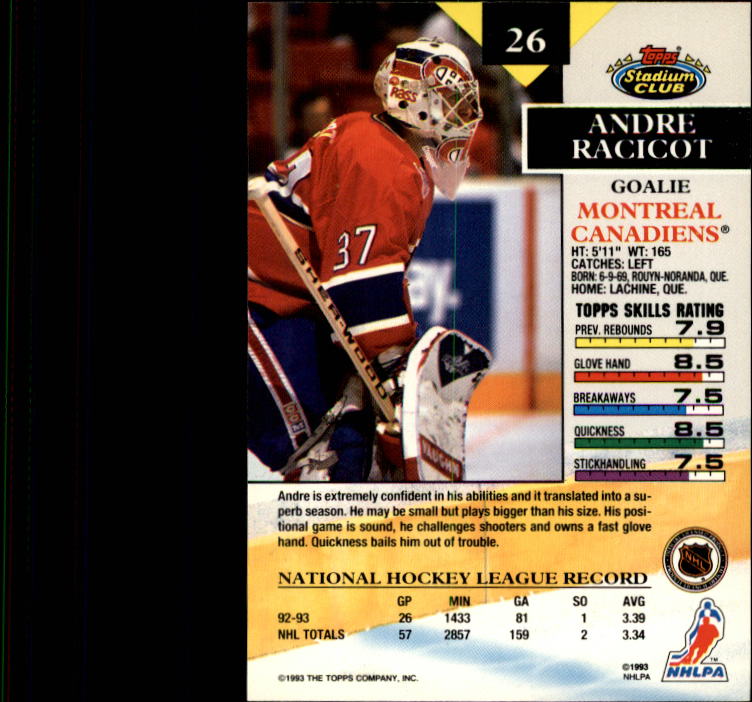 1993-94 Stadium Club #26 Andre Racicot back image