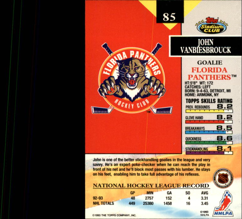 1993-94 Stadium Club #85 John Vanbiesbrouck back image