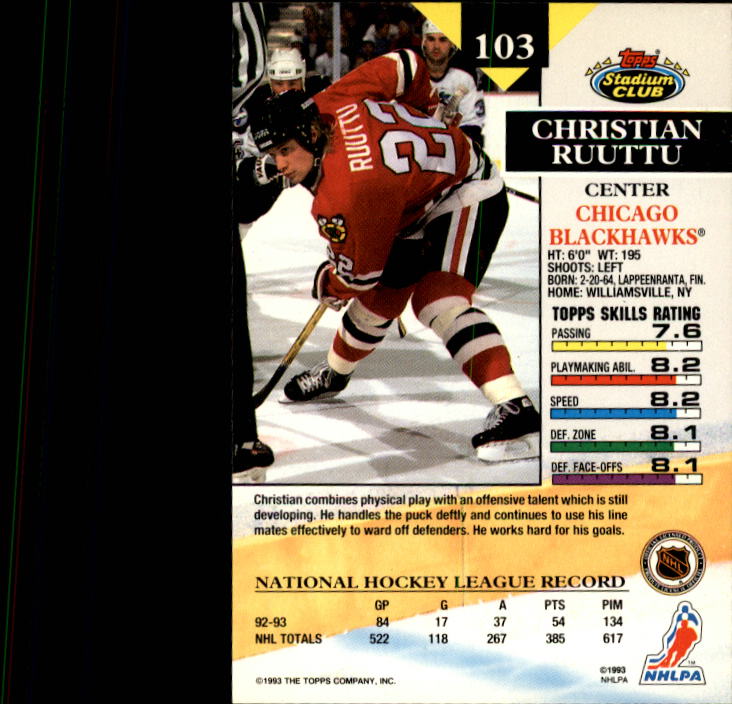 1993-94 Stadium Club #103 Christian Ruuttu back image