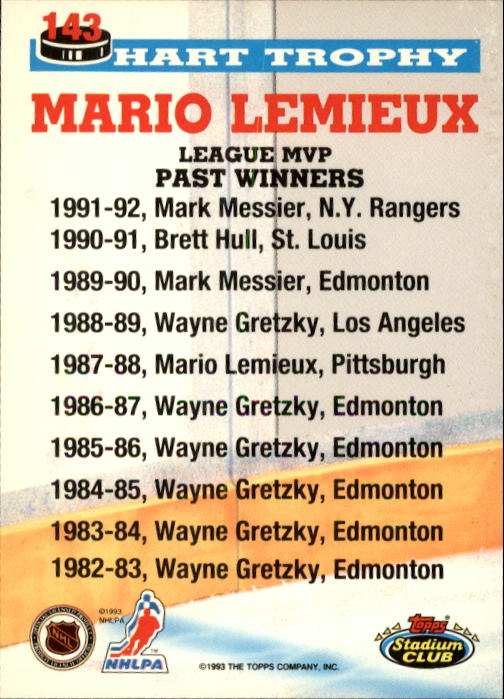 1993-94 Stadium Club #143 Mario Lemieux/Hart Trophy back image