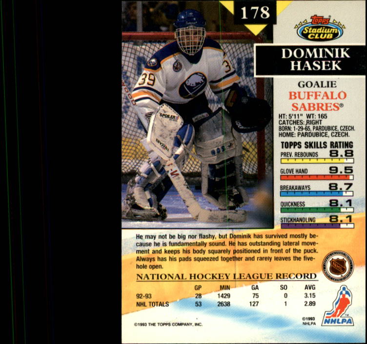 1993-94 Stadium Club #178 Dominik Hasek back image