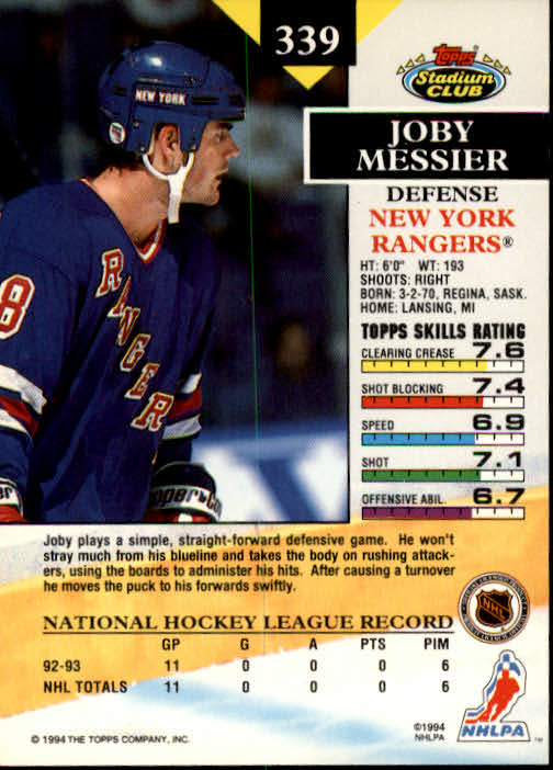 1993-94 Stadium Club #339 Joby Messier RC back image