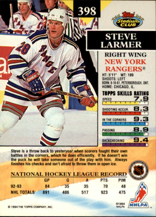 1993-94 Stadium Club #398 Steve Larmer back image