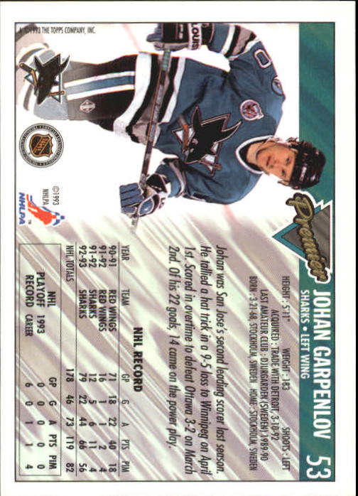 1993-94 Topps Premier #53 Johan Garpenlov back image