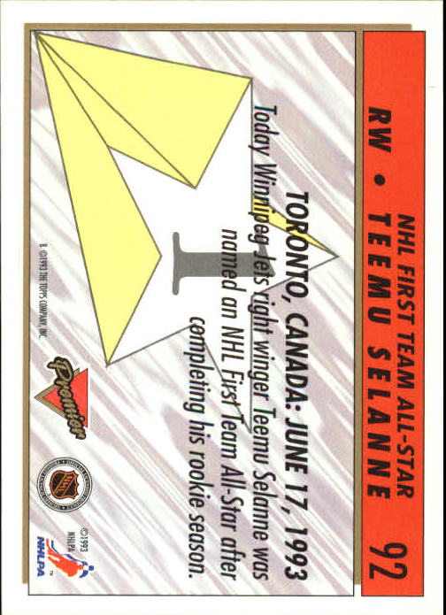 1993-94 Topps Premier #92 Teemu Selanne AS back image