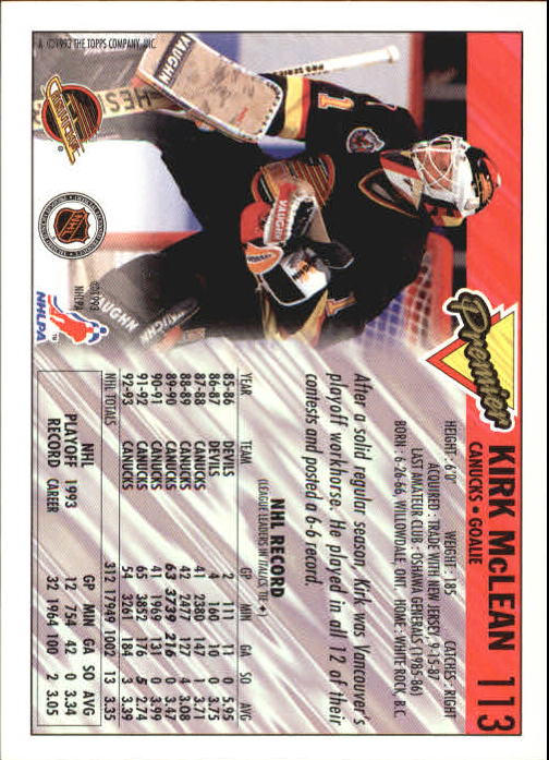 1993-94 Topps Premier #113 Kirk McLean back image