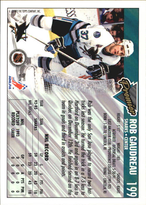 1993-94 Topps Premier #199 Rob Gaudreau RC back image