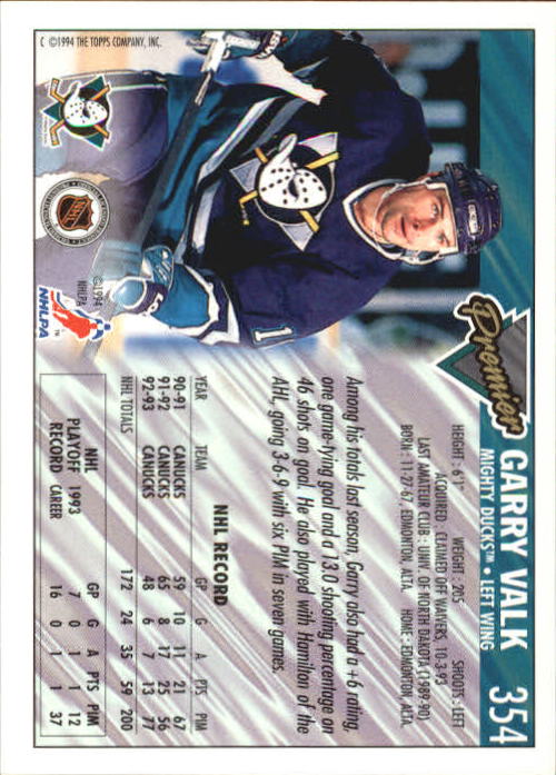 1993-94 Topps Premier #354 Garry Valk back image