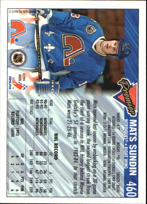 1993-94 Topps Premier #460 Mats Sundin back image