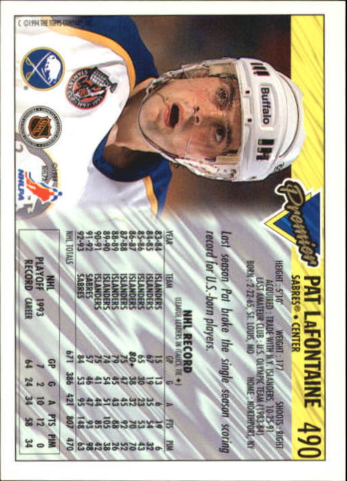 1993-94 Topps Premier #490 Pat LaFontaine back image