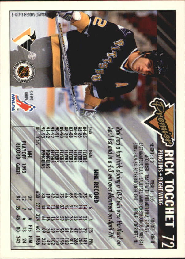 1993-94 Topps Premier Gold #72 Rick Tocchet back image