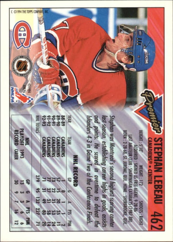 1993-94 Topps Premier Gold #462 Stephan Lebeau back image