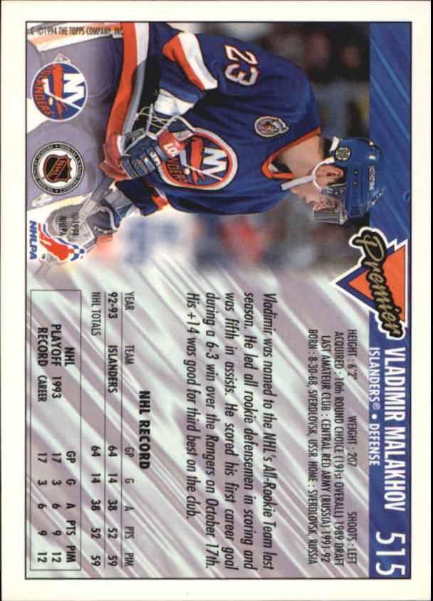 1993-94 Topps Premier Gold #515 Vladimir Malakhov back image
