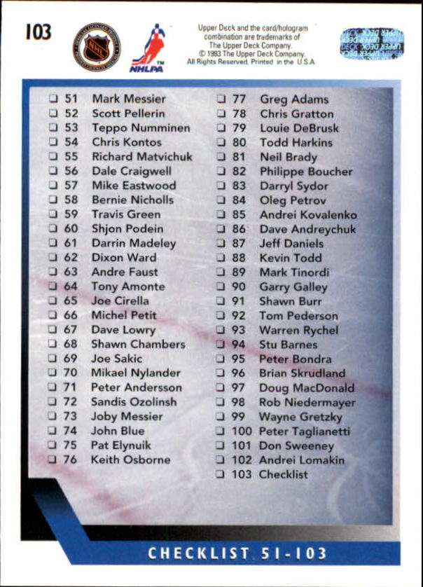 A0113- 1993-94 Upper Deck Hk Cards 1-200 +Rookies -You Pick- 15+ FREE US SHIP - Picture 189 of 367